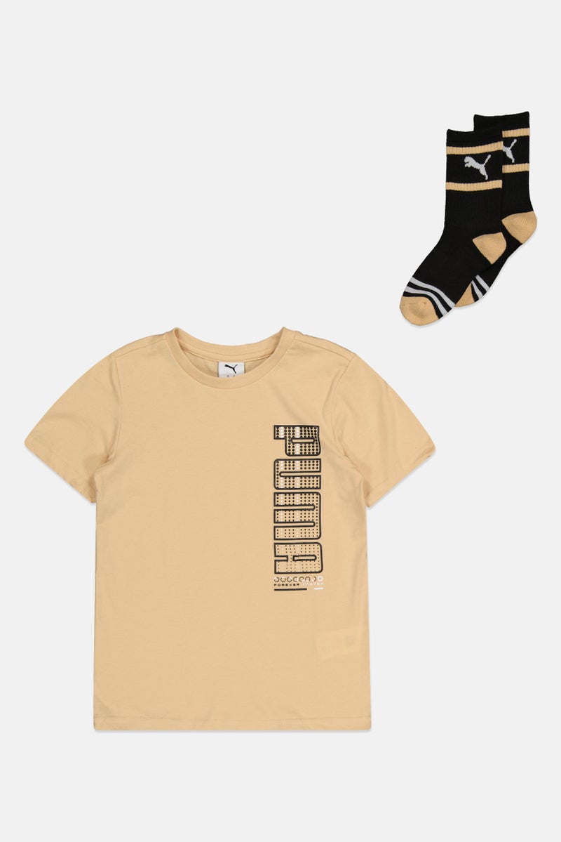 PUMA طقم تي شيرت قصير الأكمام وجوارب للأطفال الأولاد 2 قطعة، بيج - Image 2